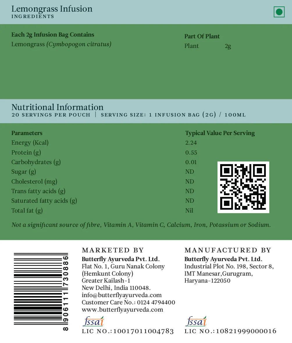 Butterfly Ayurveda Lemongrass Tea – Refreshing Caffeine-Free Herbal Infusion – 20 Tea Bags