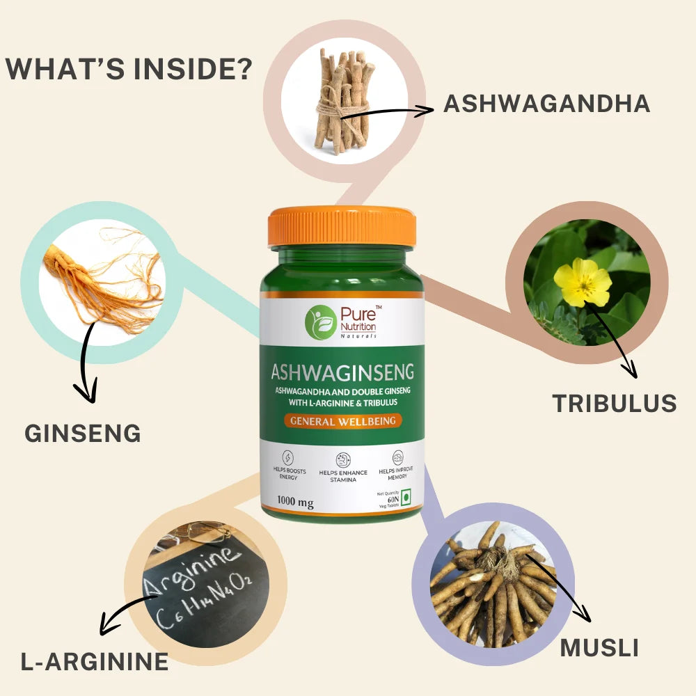 Pure Nutrition Ashwaginseng 60 Tablets | Ashwagandha & Ginseng Herbal Supplement | Stress & Energy Support