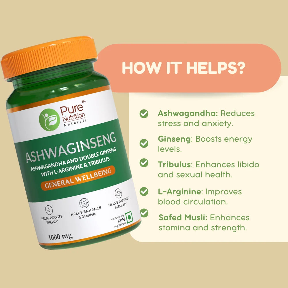 Pure Nutrition Ashwaginseng 60 Tablets | Ashwagandha & Ginseng Herbal Supplement | Stress & Energy Support