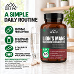 Zespo Lion's Mane 4-in-1 Mushroom Complex 1,200 mg | Lion's Mane, Cordyceps, Reishi & Turkey Tail | Focus, Memory & Energy Support | 60 Vegan Capsules