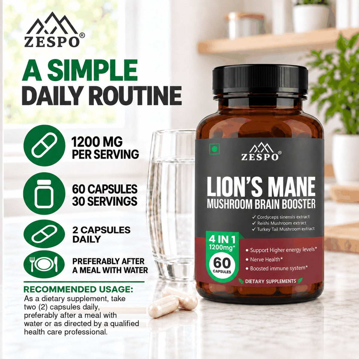Zespo Lion's Mane 4-in-1 Mushroom Complex 1,200 mg | Lion's Mane, Cordyceps, Reishi & Turkey Tail | Focus, Memory & Energy Support | 60 Vegan Capsules