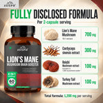 Zespo Lion's Mane 4-in-1 Mushroom Complex 1,200 mg | Lion's Mane, Cordyceps, Reishi & Turkey Tail | Focus, Memory & Energy Support | 60 Vegan Capsules