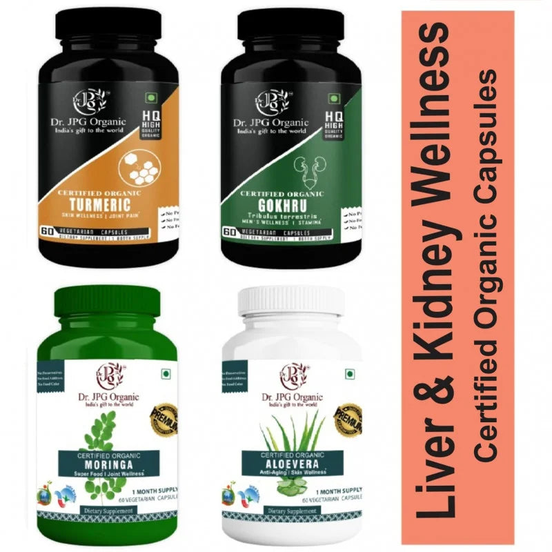 DR JPG  ORGANIC Turmeric, Gokhru, Moringa & Aloe Vera Capsules For Liver & Kidney Wellness 240 veg. Capsules (60 Cap. In Each Bottle) INDIA Organic Certified.
