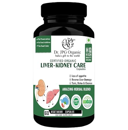 Dr. JPG Organic Liver Kidney care 500mg, 60veg. Capsules | INDIA Organic Certified | ISO & GMP Certified.