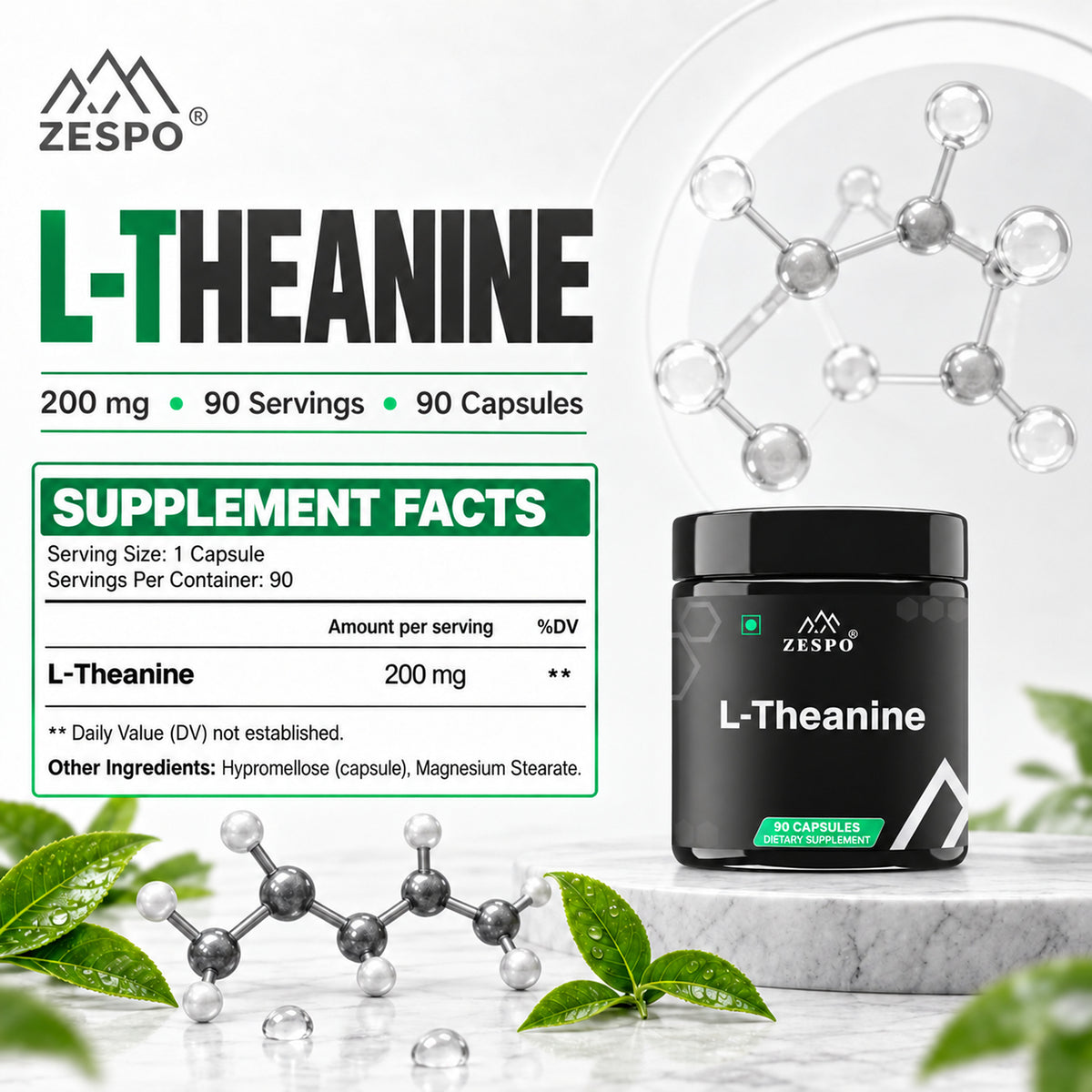 Zespo L-Theanine 200 mg | Green Tea Amino Acid | Calm Focus, Relaxation & Mental Clarity Support | 90 Vegan Capsules