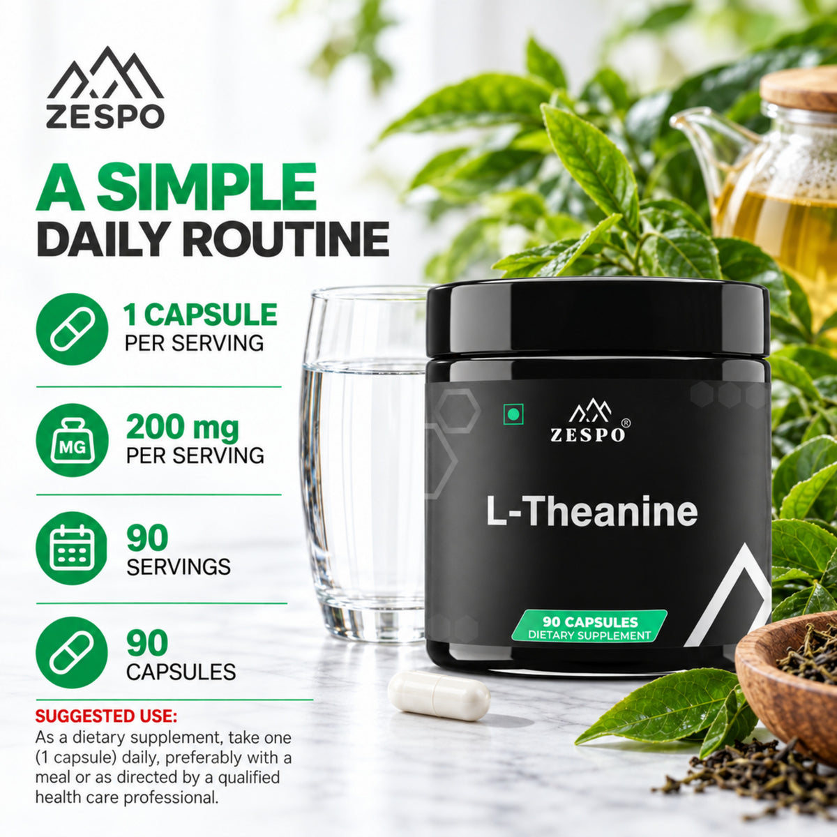 Zespo L-Theanine 200 mg | Green Tea Amino Acid | Calm Focus, Relaxation & Mental Clarity Support | 90 Vegan Capsules
