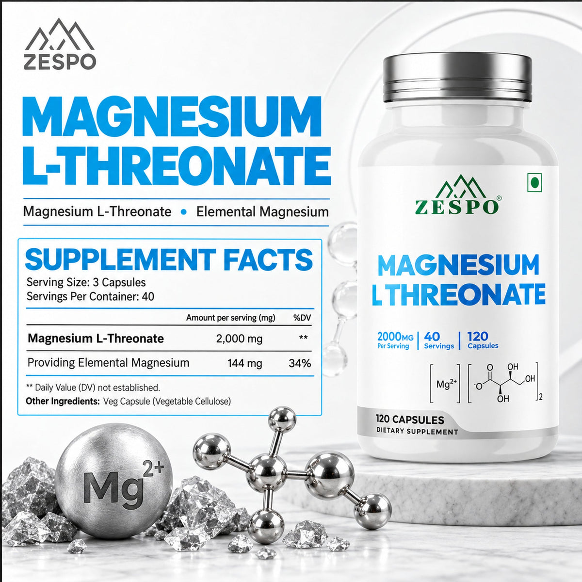 Zespo Magnesium L-Threonate – Providing 144 mg Elemental Magnesium – Supports Brain Health, Memory, Focus, Calm Mood 120 Capsules