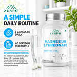 Zespo Magnesium L-Threonate – Providing 144 mg Elemental Magnesium – Supports Brain Health, Memory, Focus, Calm Mood 120 Capsules