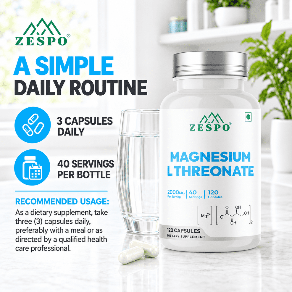 Zespo Magnesium L-Threonate – Providing 144 mg Elemental Magnesium – Supports Brain Health, Memory, Focus, Calm Mood 120 Capsules