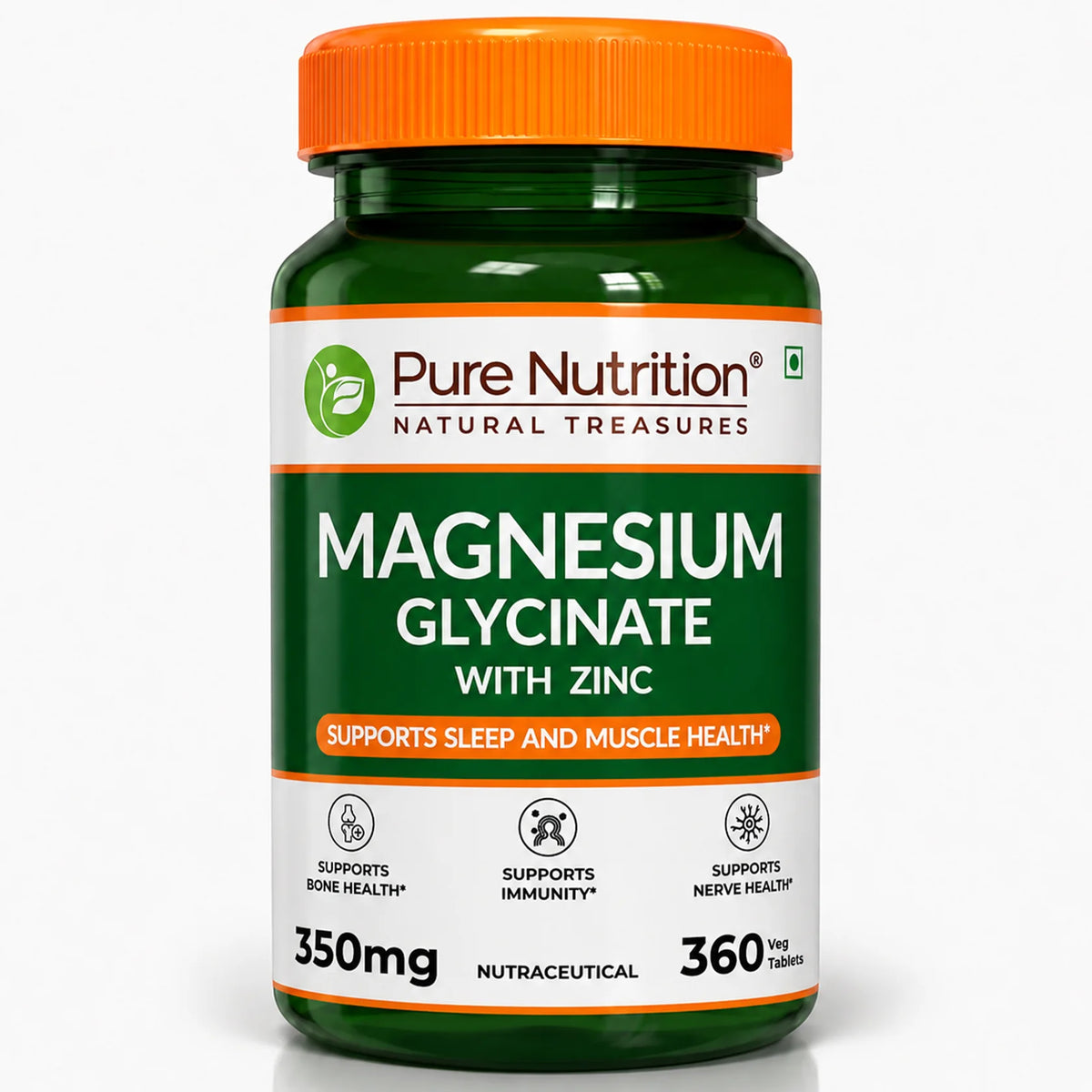 Magnesium Glycinate with Zinc | 350 mg Blend | Magnesium Glycinate, Zinc & Phaseolus Radiatus Extract | Daily Muscle, Bone & Nerve Support