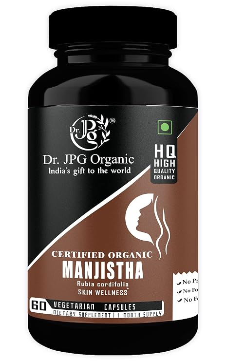 Dr. JPG Organic Manjistha Capsules For Hair & Skin Care 500mg 60 Veg. Capsules/INDIA ORGANIC Certified (Pack Of 1)