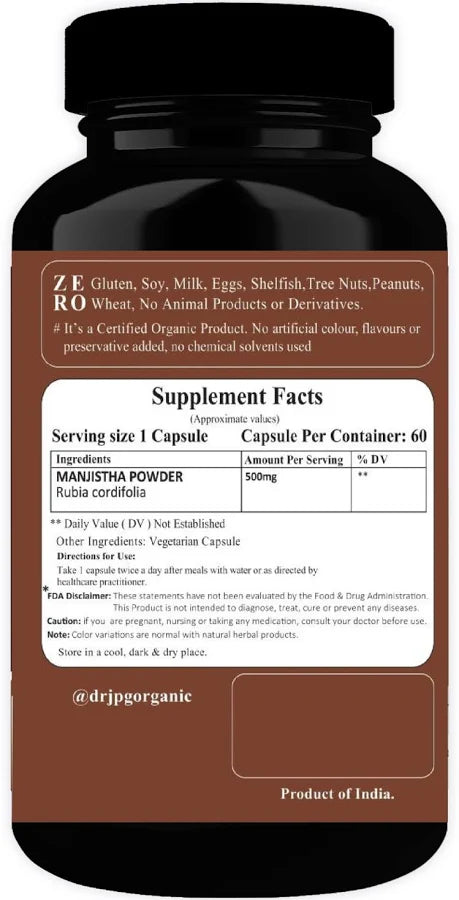 Dr. JPG Organic Manjistha Capsules For Hair & Skin Care 500mg 60 Veg. Capsules/INDIA ORGANIC Certified (Pack Of 1)