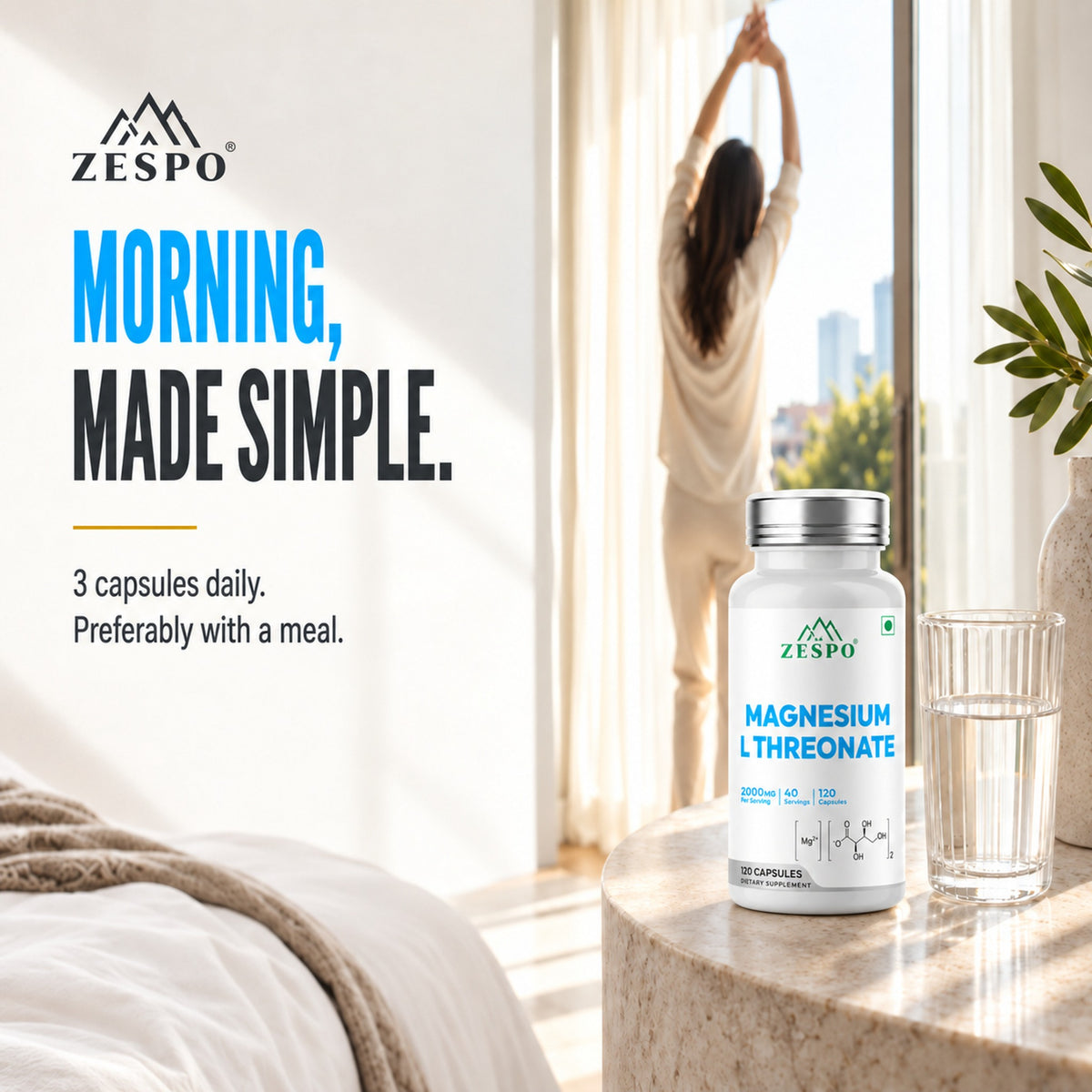 Zespo Magnesium L-Threonate – Providing 144 mg Elemental Magnesium – Supports Brain Health, Memory, Focus, Calm Mood 120 Capsules