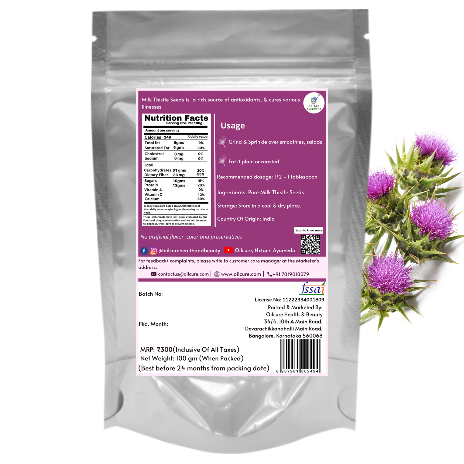 Nxtgen Ayurveda Milk Thistle Seeds - 100 gms (Pack of 2)