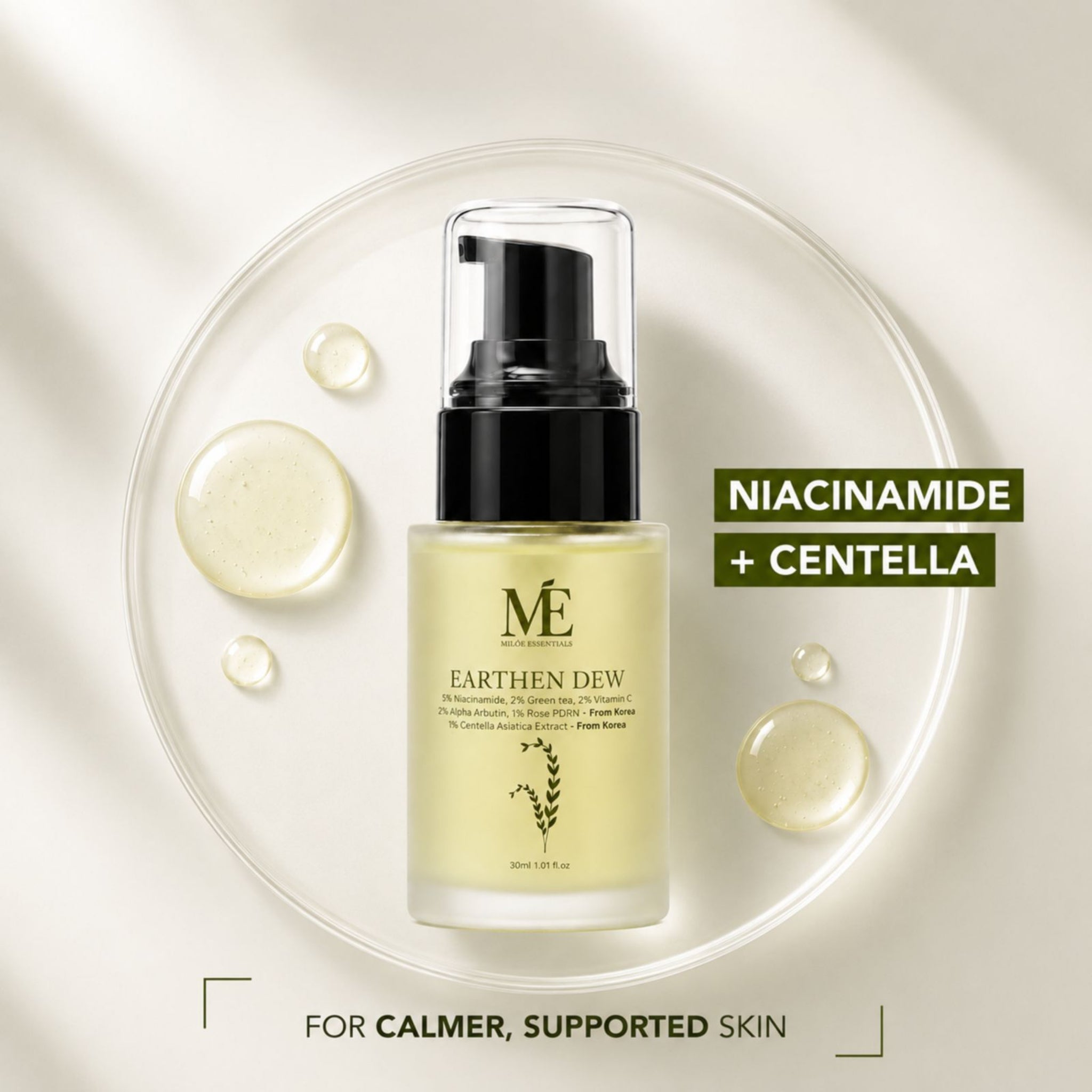Miloé Earthen Dew Face Serum 30ml | 5% Niacinamide, Vitamin C & Alpha Arbutin | Brightening Care for Dark Spots & Even Skin Tone | Green Tea & Centella for Hydrated Skin | Lightweight Daily Skincare