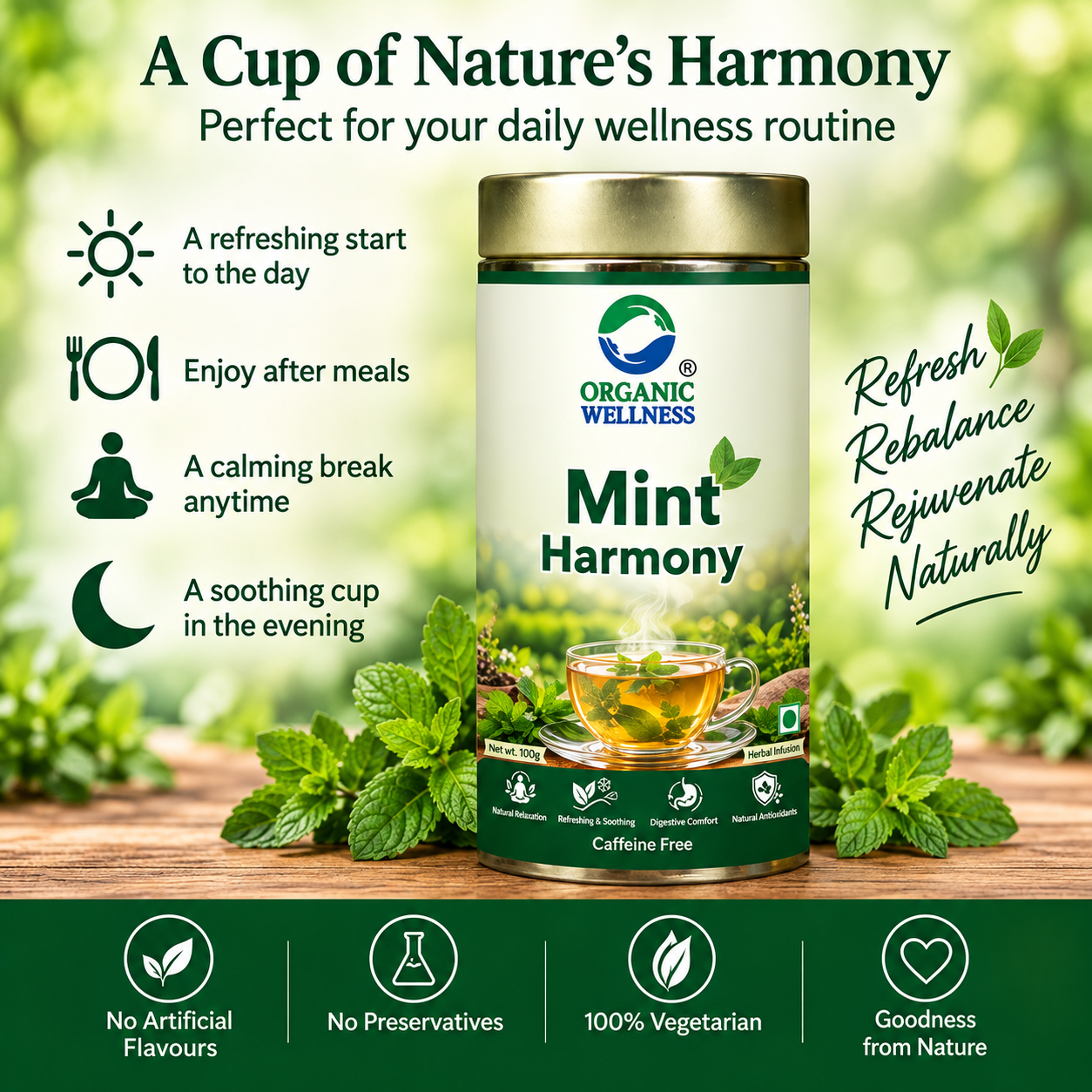 Organic Wellness Mint Harmony Herbal Tea | Caffeine-Free Mint & Tulsi Herbal Infusion | Peppermint, Spearmint, Lemongrass & Tulsi Blend | Refreshing & Soothing | 100 g