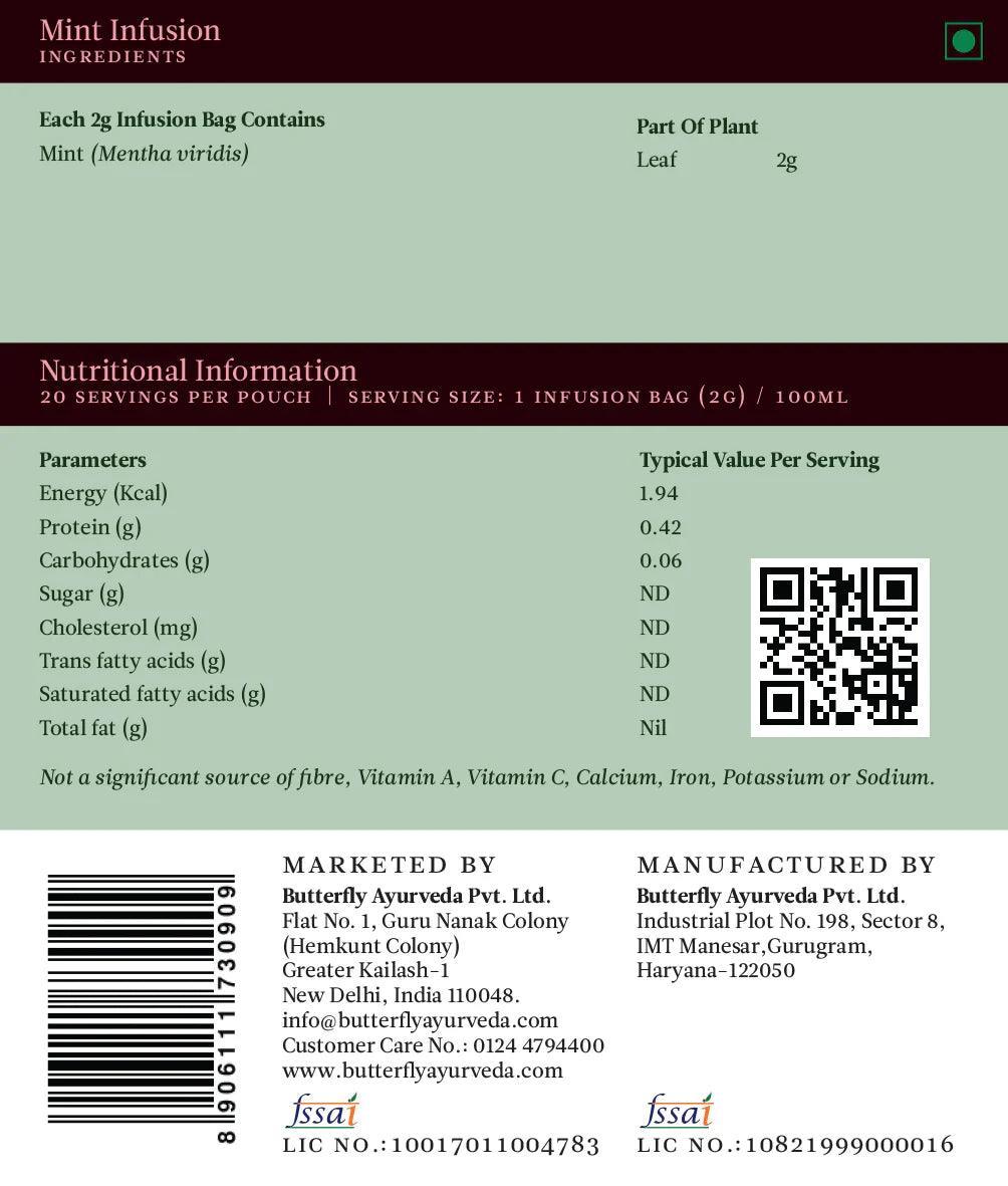 Butterfly Ayurveda Mint Leaf Tea - Digestive Herbal Tea (20 Tea Bags, 40g)