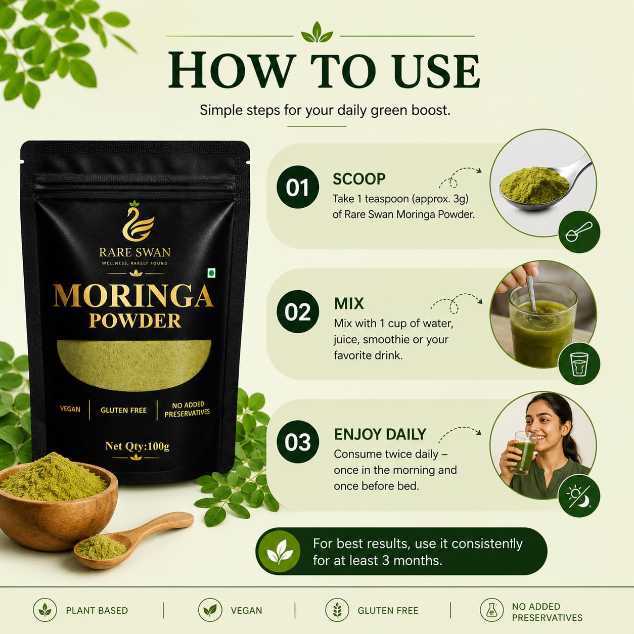 Rare Swan Moringa Leaf Powder 100g | Moringa Oleifera | Drumstick Leaf Powder | Natural Plant-Based Superfood | Fine & Easy to Mix | Resealable Pouch