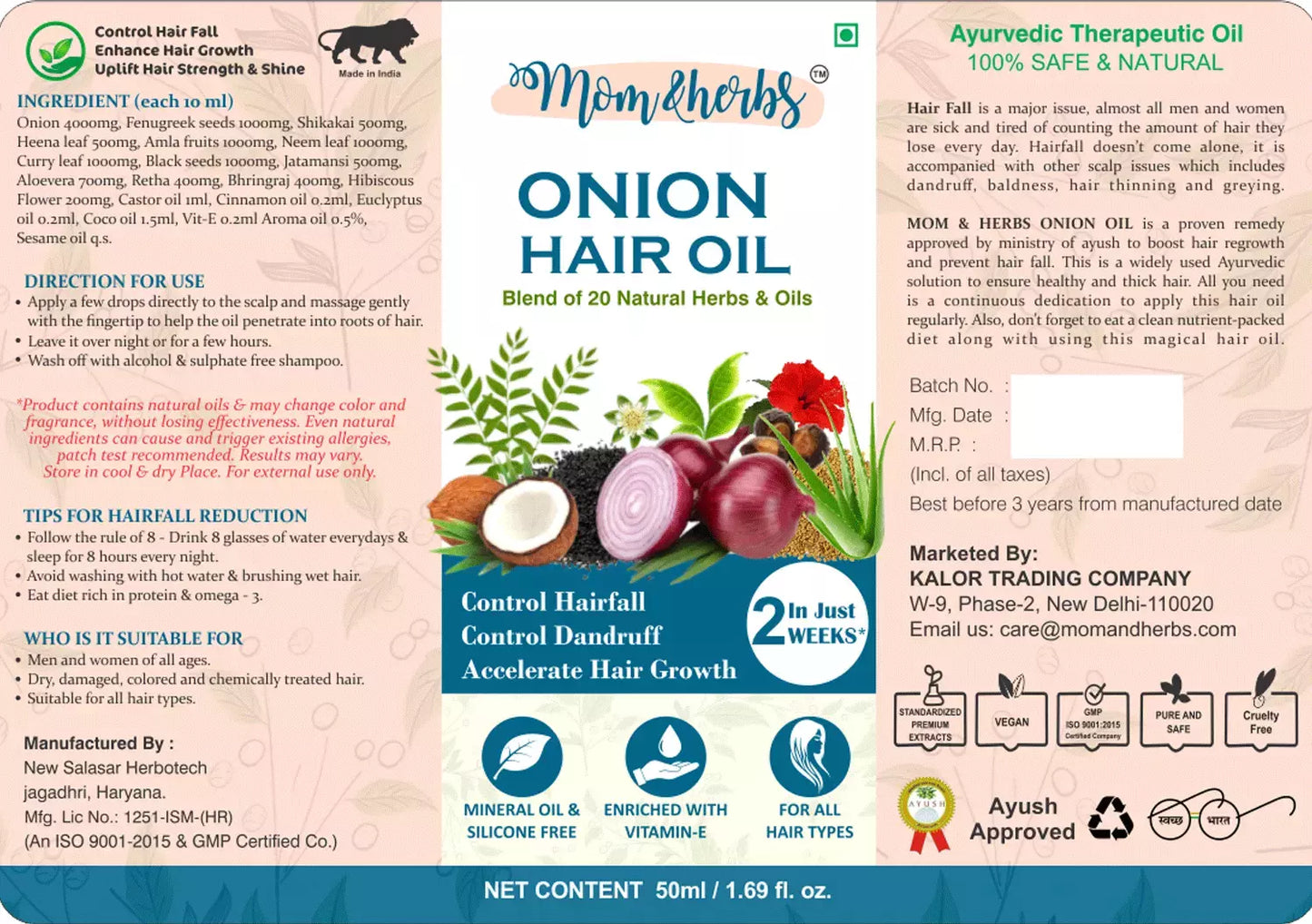 Mom&Herbs Onion Oil With 20 Natural Oil Blend For Hair Fall Control - 50ml