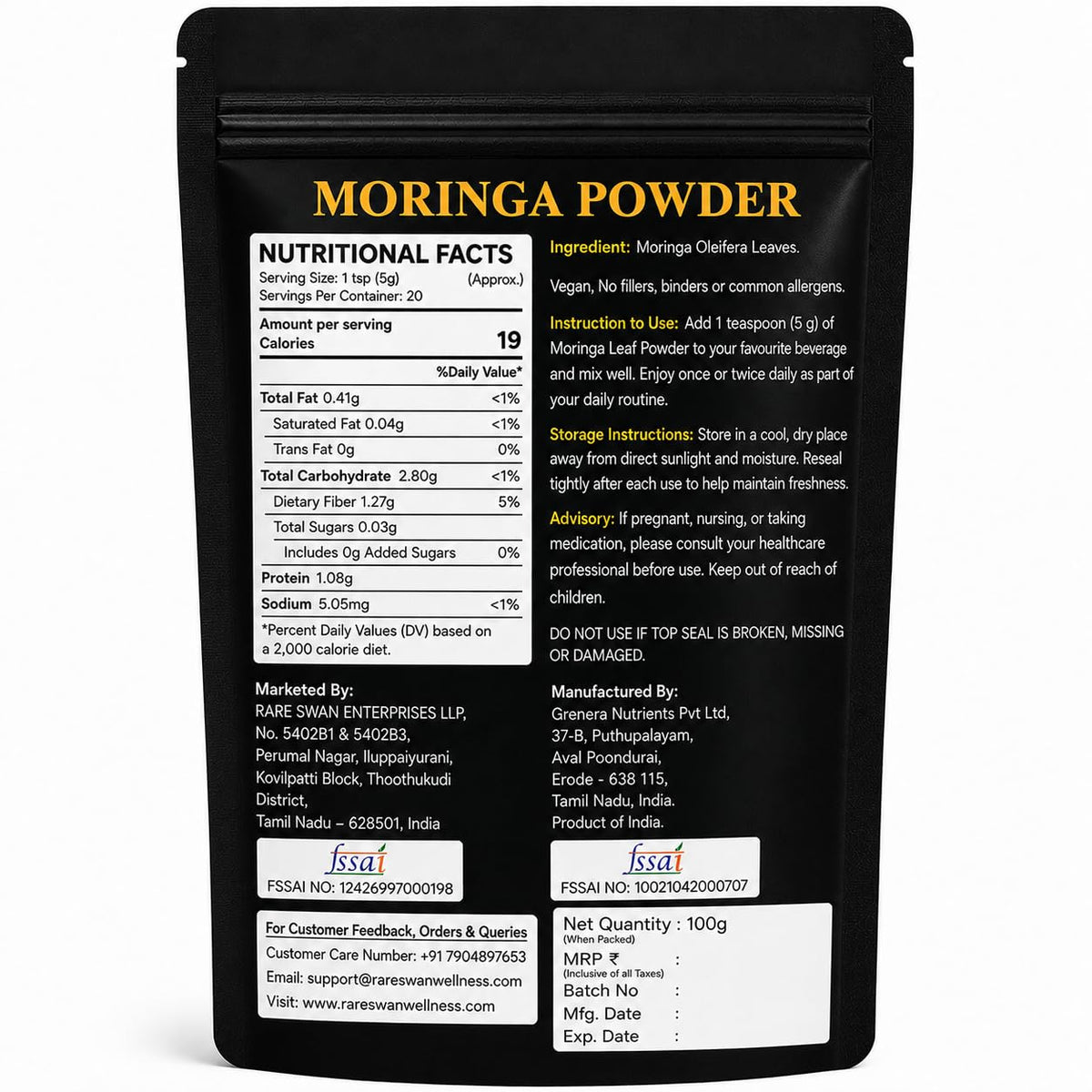 Rare Swan Moringa Leaf Powder 100g | Moringa Oleifera | Drumstick Leaf Powder | Natural Plant-Based Superfood | Fine & Easy to Mix | Resealable Pouch