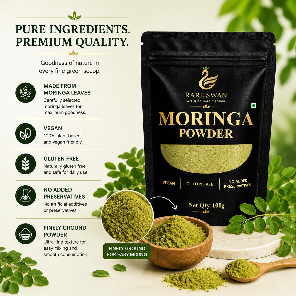 Rare Swan Moringa Leaf Powder 100g | Moringa Oleifera | Drumstick Leaf Powder | Natural Plant-Based Superfood | Fine & Easy to Mix | Resealable Pouch