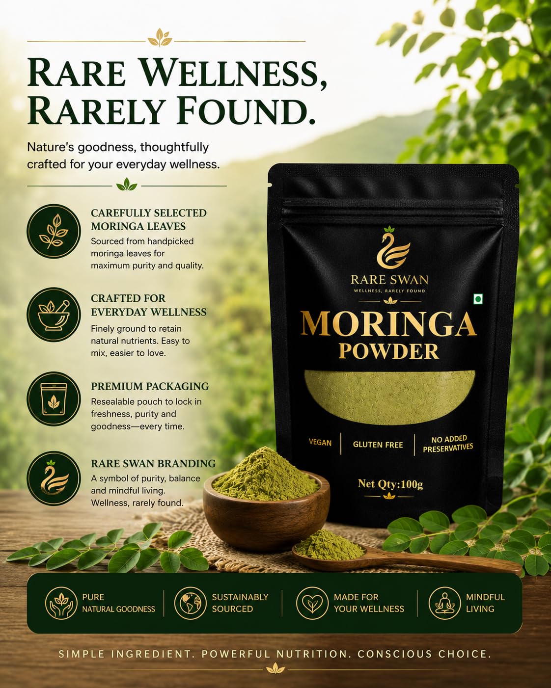Rare Swan Moringa Leaf Powder 100g | Moringa Oleifera | Drumstick Leaf Powder | Natural Plant-Based Superfood | Fine & Easy to Mix | Resealable Pouch