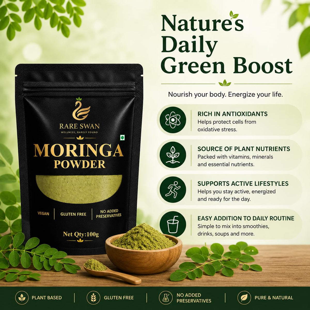 Rare Swan Moringa Leaf Powder 100g | Moringa Oleifera | Drumstick Leaf Powder | Natural Plant-Based Superfood | Fine & Easy to Mix | Resealable Pouch
