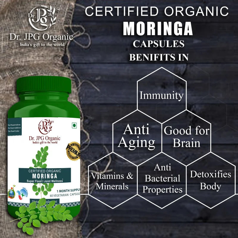 DR. JPG Organic Moringa Capsules (500mg, 60 Veg Capsules) | For Joint Wellness & Superfood Vitality | 100% Certified Organic
