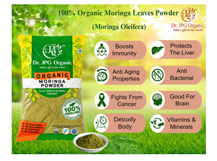 Dr. JPG Organic Moringa Powder 228g | Moringa Leaf Powder | Healthy Supper Food | Drumstick Leaf Powder INDIA ORGANIC certified | 114g Pack Of 2