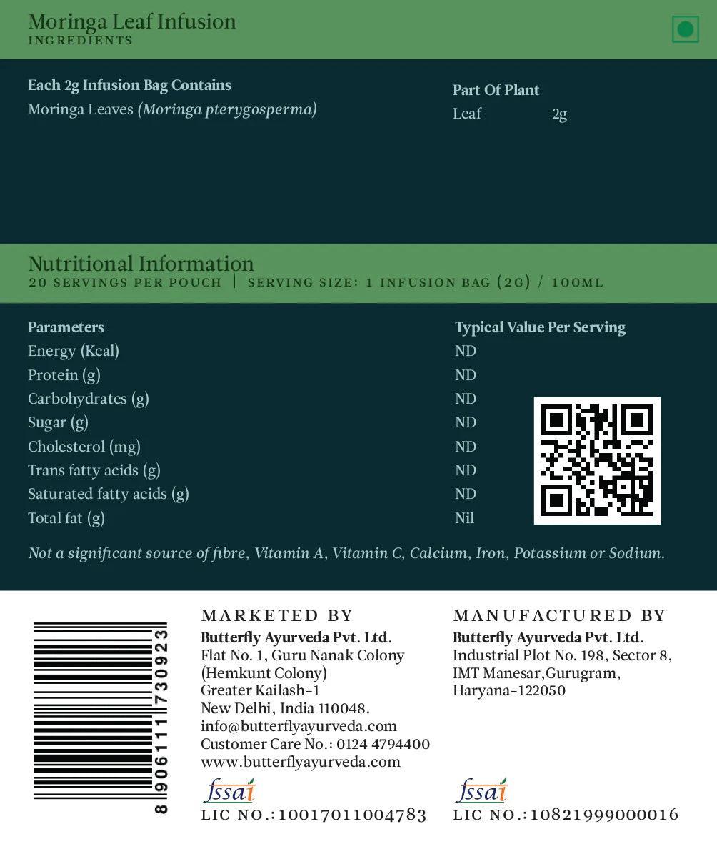 Butterfly Ayurveda Moringa Tea – Nutrient-Rich Superfood Herbal Infusion – 20 Tea Bags