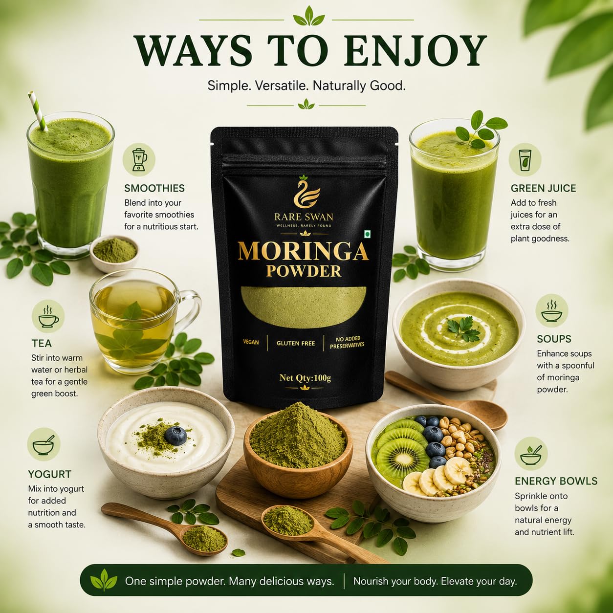 Rare Swan Moringa Leaf Powder 100g | Moringa Oleifera | Drumstick Leaf Powder | Natural Plant-Based Superfood | Fine & Easy to Mix | Resealable Pouch