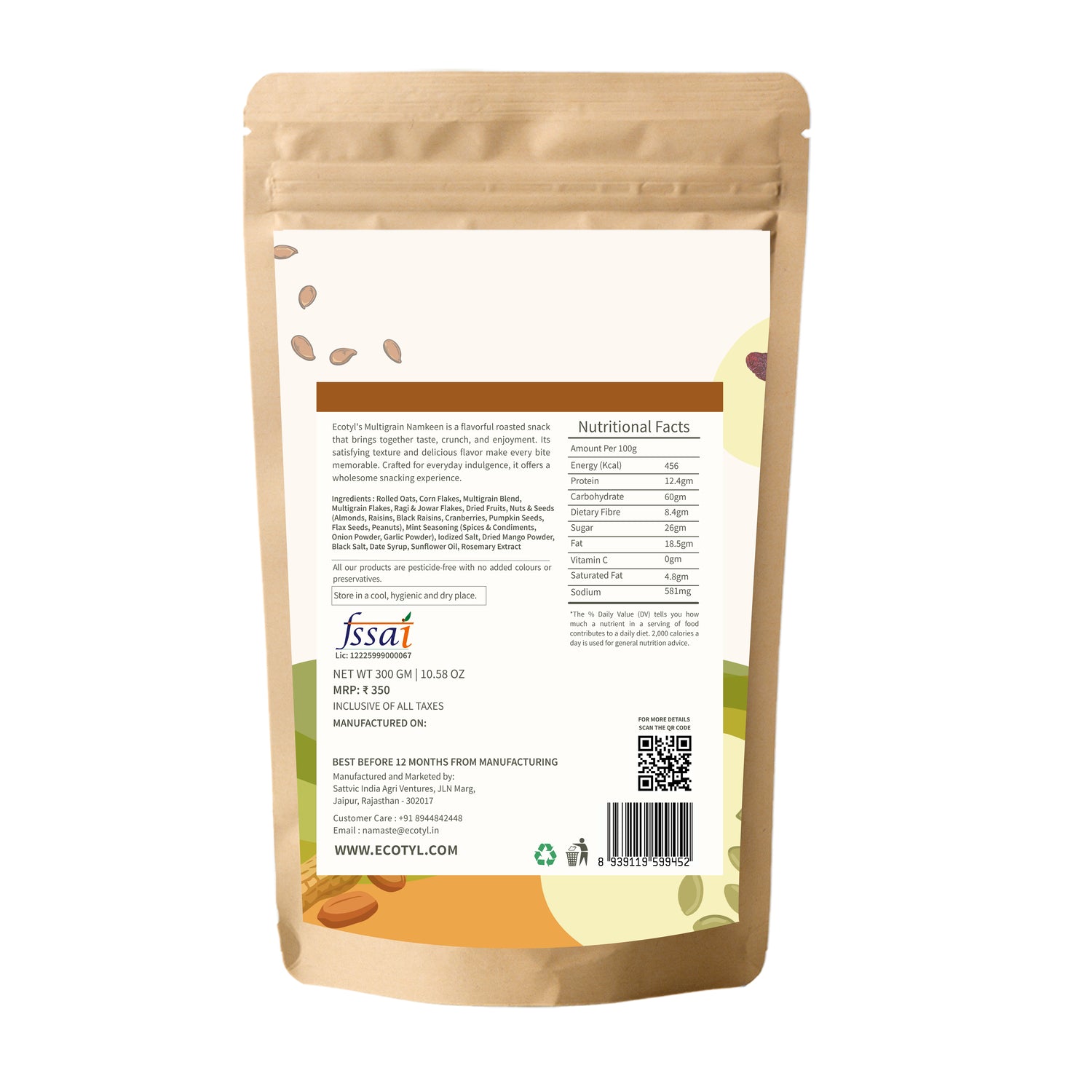 Ecotyl Multigrain Namkeen | Roasted Snack | Seeds & Nuts Mix | 300g