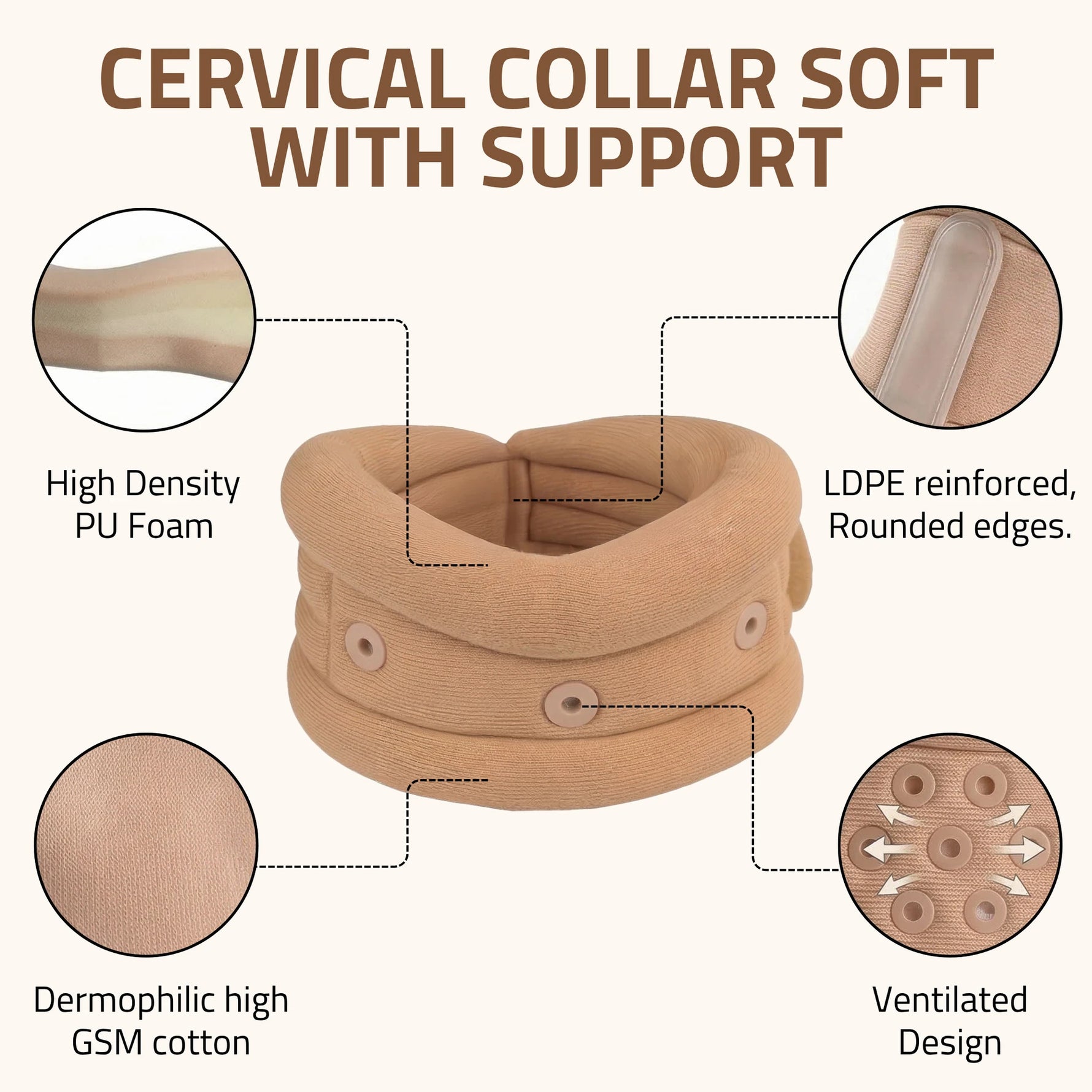Novalife Eyelets Cervical Collar Neck Support for Pain Relief & Stability, Men & Women Neck Support (Beige)