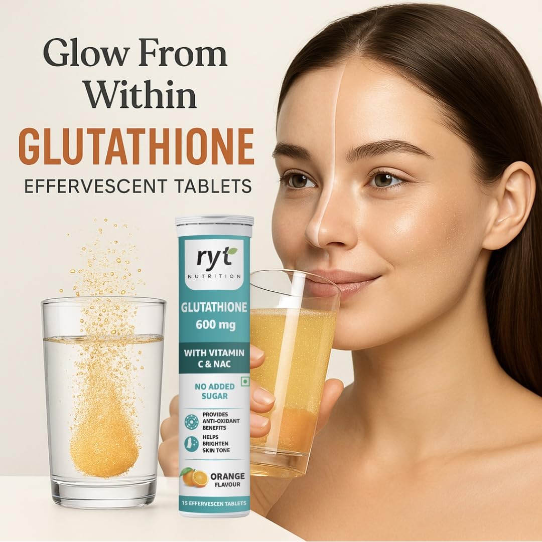 Ryt Nutrition Glutathione (600mg), 30 Effervescent Tablets (Orange Flavour), With Vitamin C & NAC | For Skin Health For Men & Women, Detoxification, And Immunity Booster
