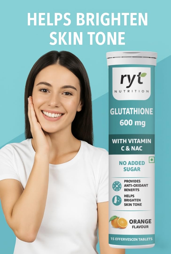 Ryt Nutrition Glutathione (600mg), 30 Effervescent Tablets (Orange Flavour), With Vitamin C & NAC | For Skin Health For Men & Women, Detoxification, And Immunity Booster
