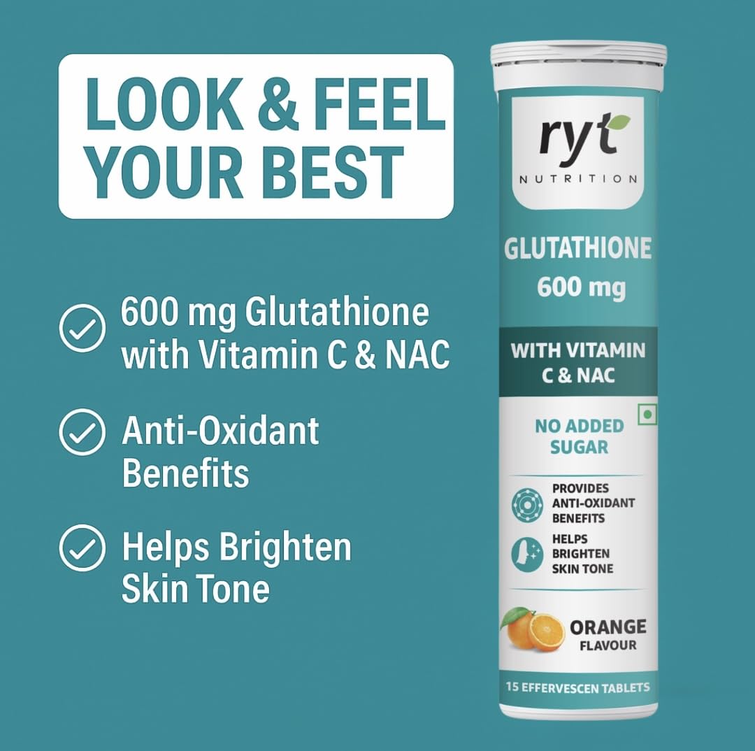 Ryt Nutrition Glutathione (600mg), 30 Effervescent Tablets (Orange Flavour), With Vitamin C & NAC | For Skin Health For Men & Women, Detoxification, And Immunity Booster