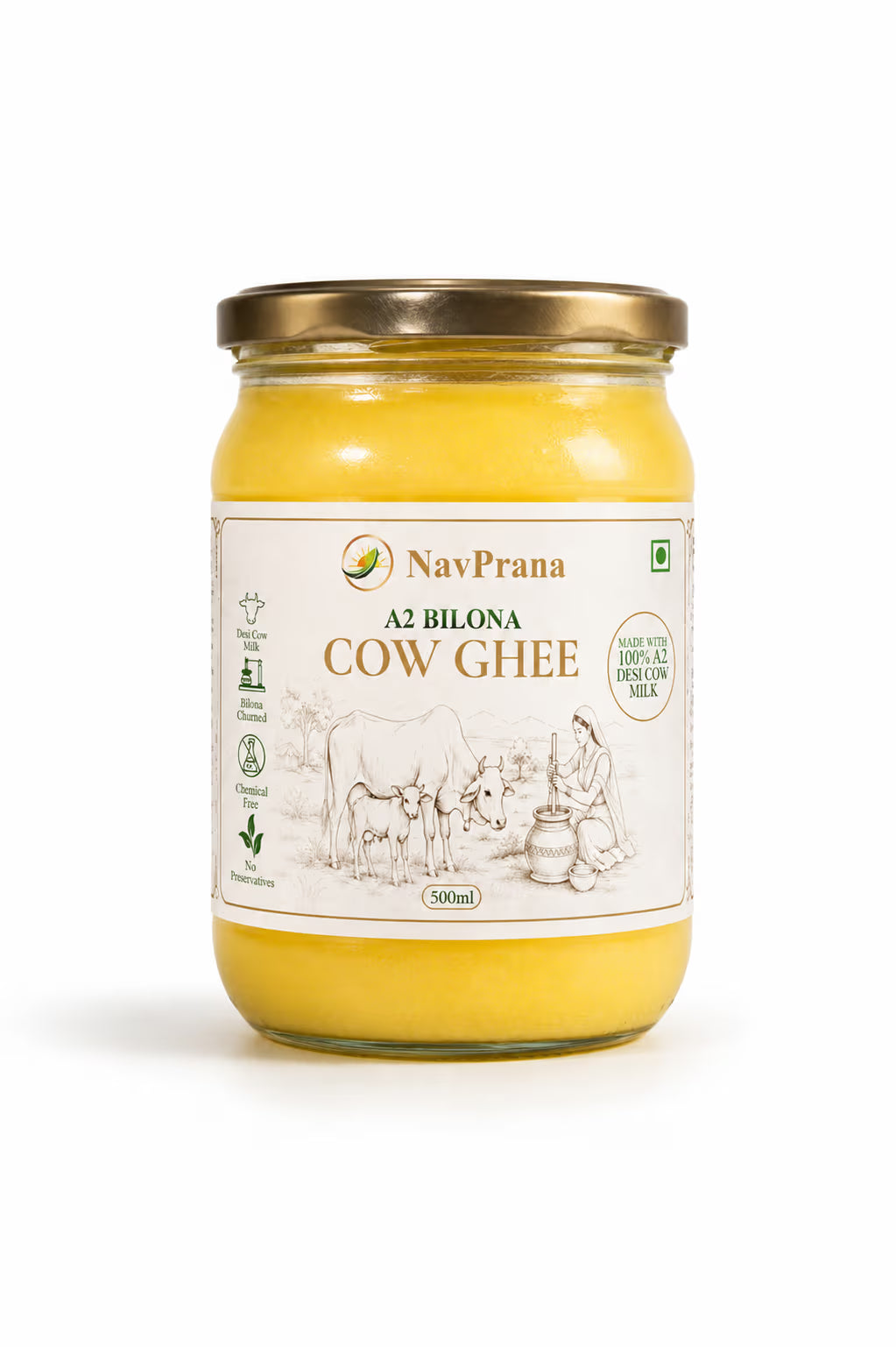 NavPrana Organics Desi Cow A2 Bilona Ghee (500 ml)