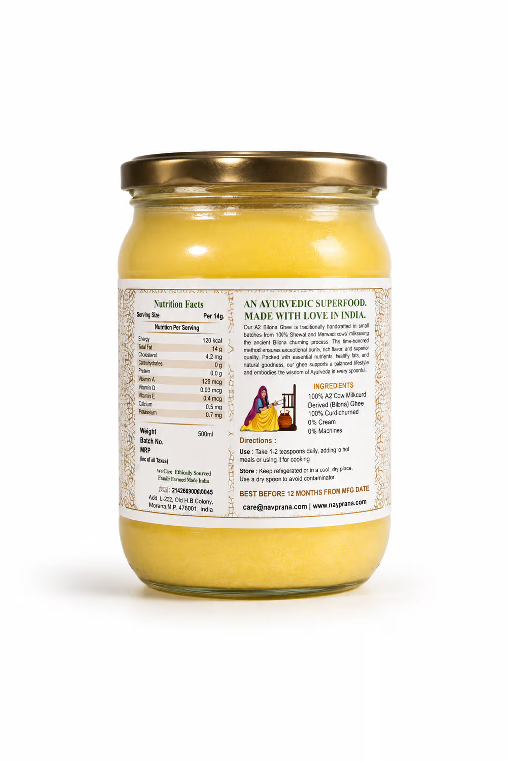 NavPrana Organics Desi Cow A2 Bilona Ghee (500 ml)