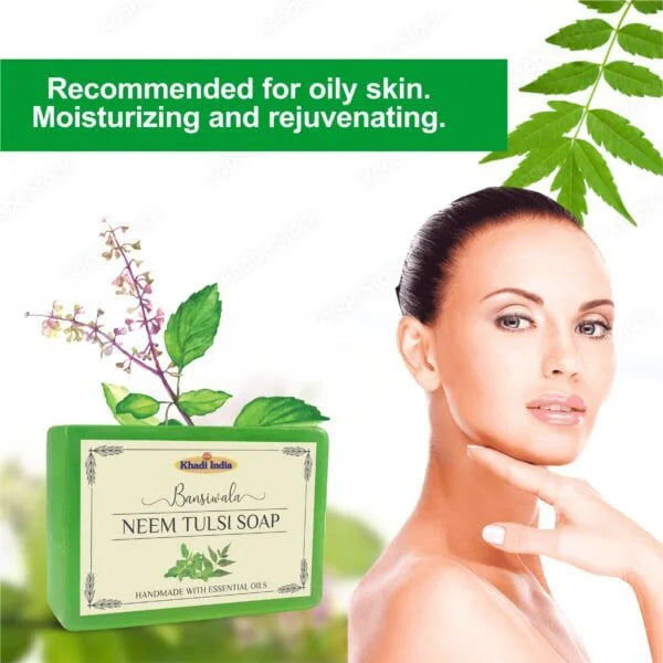 Bansiwala Khadi Neem Tulsi Soap | Anti-Bacterial Natural Soap | Face & Body Cleanser for Acne, Pimple