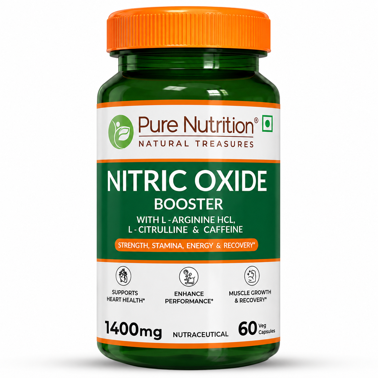 Pure Nutrition Nitric Oxide Booster – L-Arginine HCL, L-Citrulline & Caffeine – Strength, Stamina, Energy & Recovery – 60 Veg Capsules