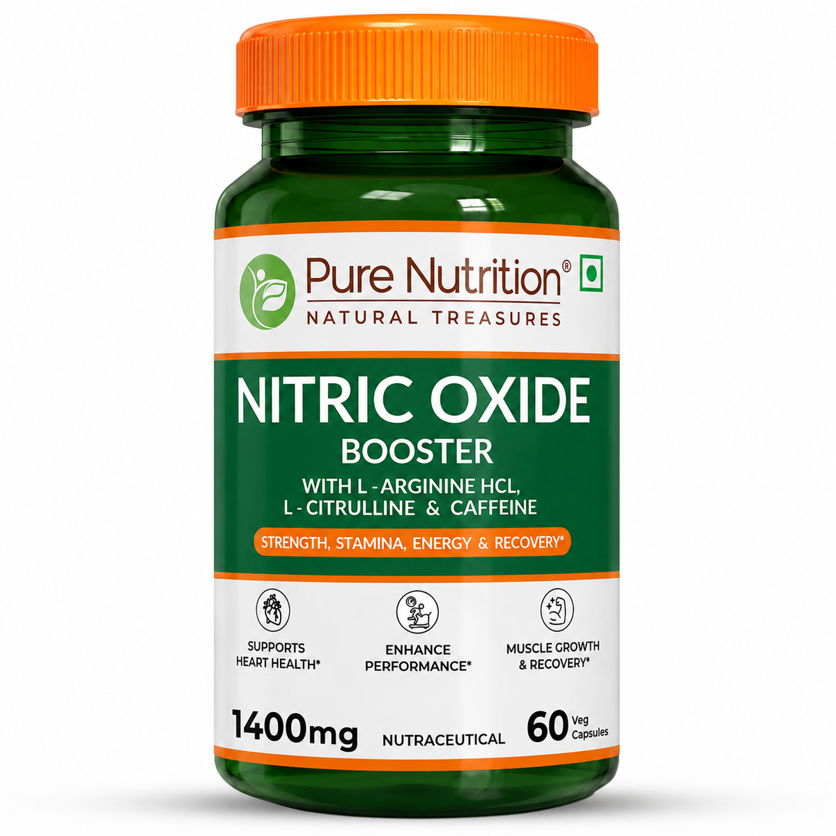 Pure Nutrition Nitric Oxide Booster – L-Arginine HCL, L-Citrulline & Caffeine – Strength, Stamina, Energy & Recovery – 60 Veg Capsules