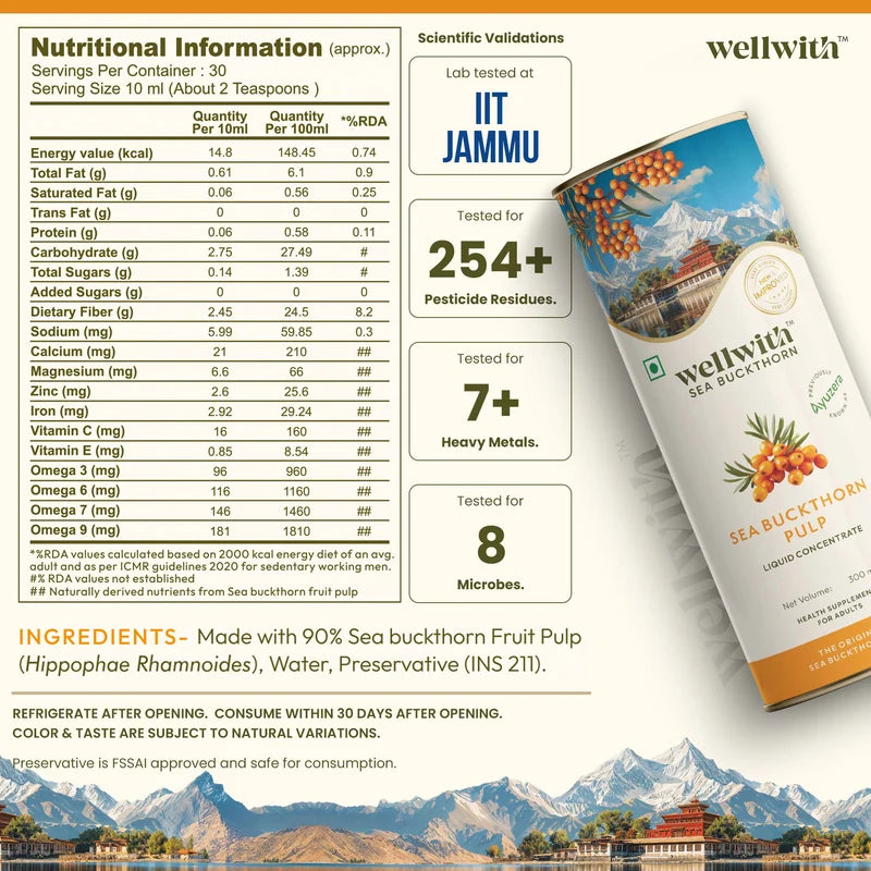 Ayuzera (Wellwith) Himalayan Sea Buckthorn Pulp Concentrate (300ml) | Cold-Pressed Wild Superfruit Pulp | Makes 50 Glasses | Rich in Natural Vitamin C, Omega 3 6 7 9 & Antioxidants | For Immunity, Radiant Skin & Gut Health