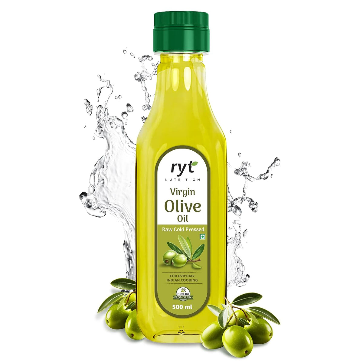 Ryt Nutrition Virgin Olive Oil 500ml | Raw Cold Pressed - 100% Pure & Natural | Low in Saturated Fat | Perfect for Salad, Garnishing, Baking & Sauteing | Rich in Vitamin E & K