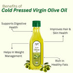 Ryt Nutrition Virgin Olive Oil 500ml | Raw Cold Pressed - 100% Pure & Natural | Low in Saturated Fat | Perfect for Salad, Garnishing, Baking & Sauteing | Rich in Vitamin E & K
