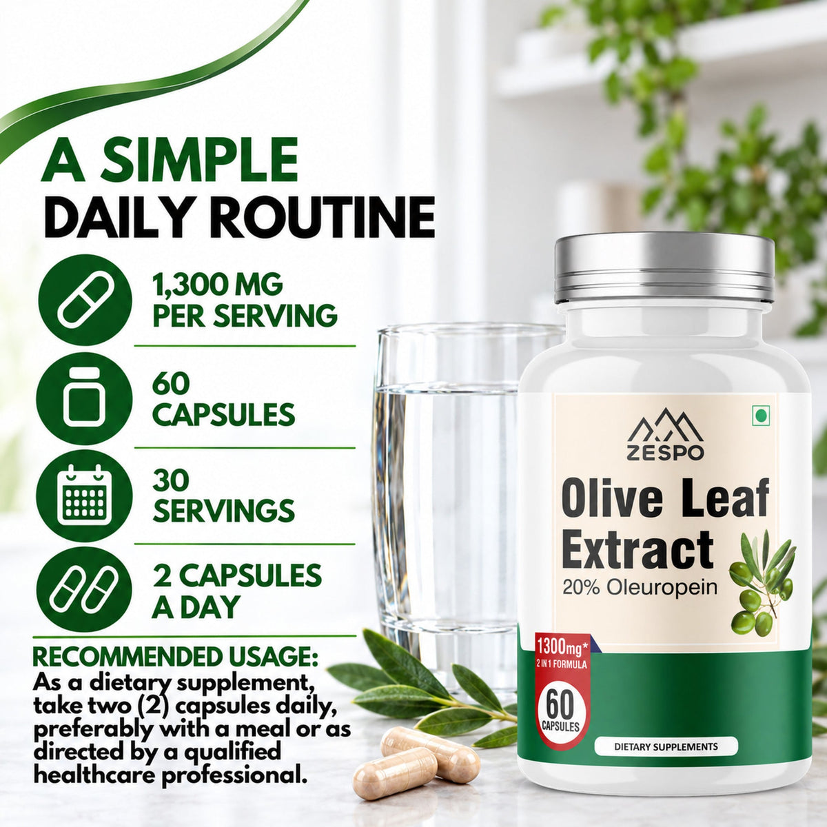 Zespo Olive Leaf Extract with Olive Fruit & Hydroxytyrosol | 1,000 mg Olive Leaf per Serving | Antioxidant & Heart Health Support | 60 Capsules