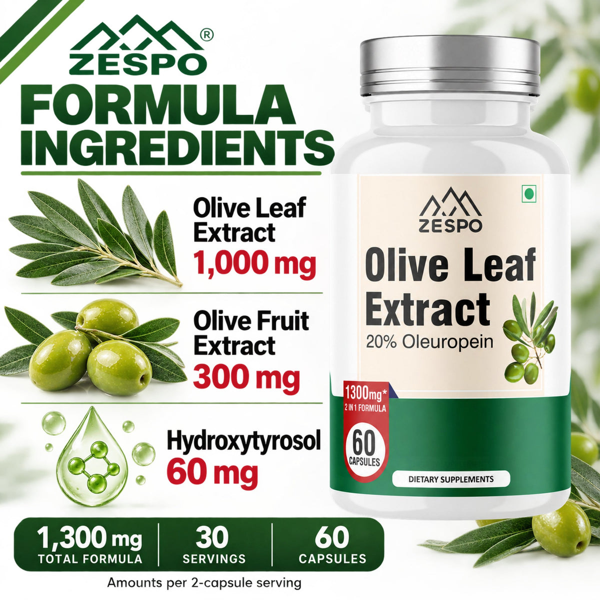Zespo Olive Leaf Extract with Olive Fruit & Hydroxytyrosol | 1,000 mg Olive Leaf per Serving | Antioxidant & Heart Health Support | 60 Capsules
