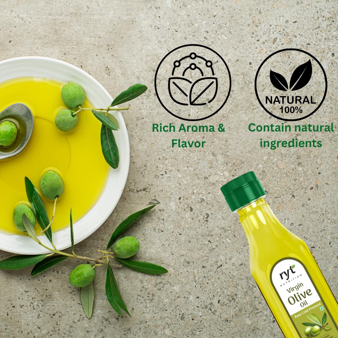 Ryt Nutrition Virgin Olive Oil 500ml | Raw Cold Pressed - 100% Pure & Natural | Low in Saturated Fat | Perfect for Salad, Garnishing, Baking & Sauteing | Rich in Vitamin E & K