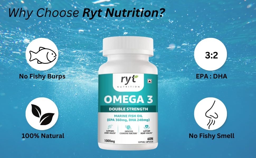 Ryt Nutrition Omega-3 Double Strength Fish Oil 1000mg | 360mg EPA & 240mg DHA | Supports Heart, Brain, Eye & Joint Health | Helps Maintain Healthy Cholesterol & Triglycerides | 60 Softgel Capsules
