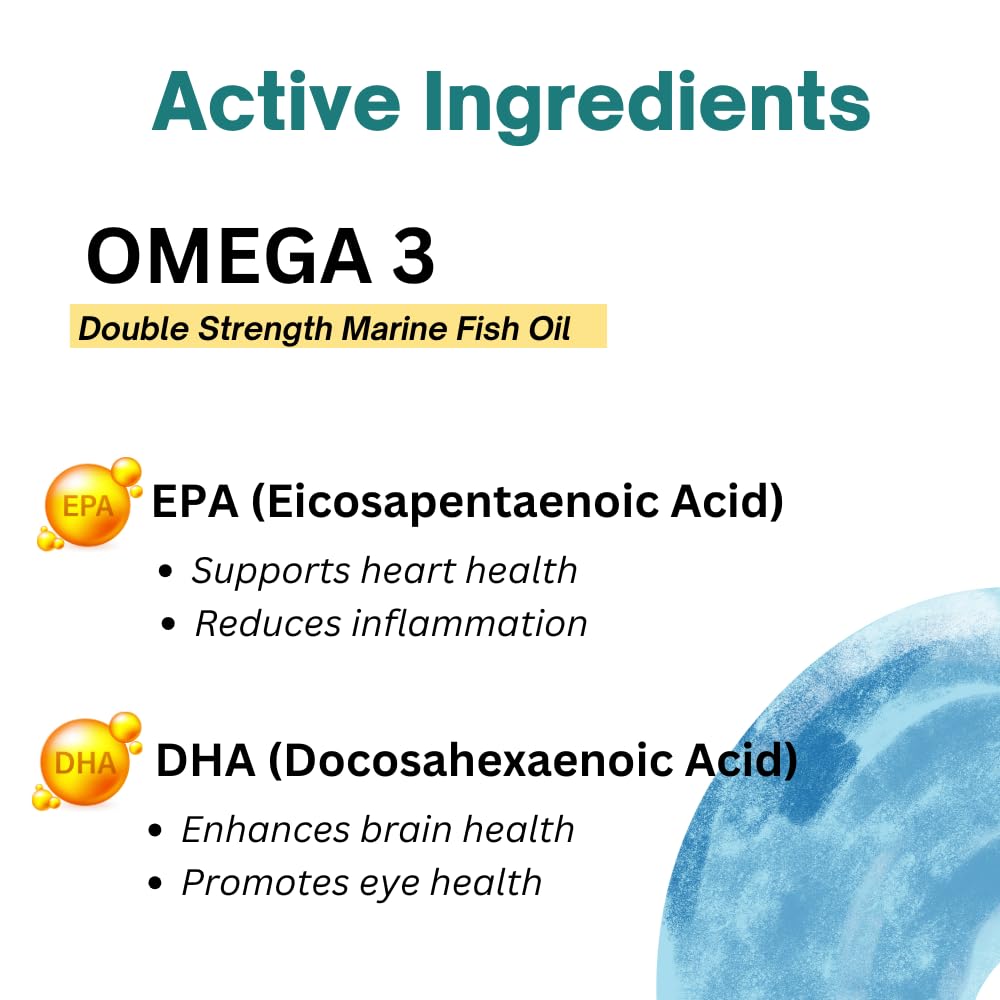 Ryt Nutrition Omega-3 Double Strength Fish Oil 1000mg | 360mg EPA & 240mg DHA | Supports Heart, Brain, Eye & Joint Health | Helps Maintain Healthy Cholesterol & Triglycerides | 60 Softgel Capsules