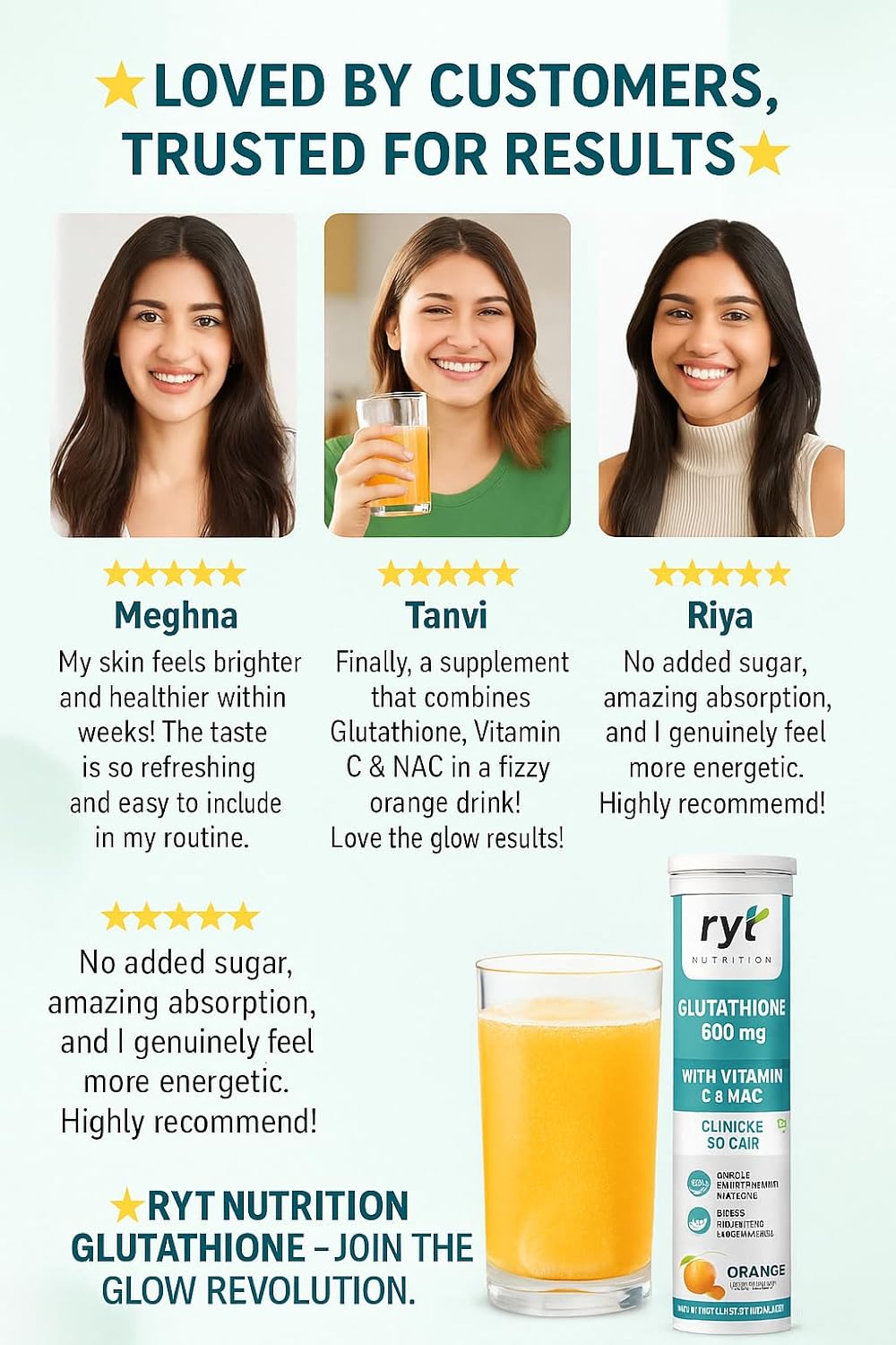 Ryt Nutrition Glutathione (600mg), 15 Effervescent Tablets (Orange Flavour), With Vitamin C & NAC | For Skin Health For Men & Women, Detoxification, And Immunity Booster